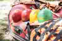 Raft with helmets on it